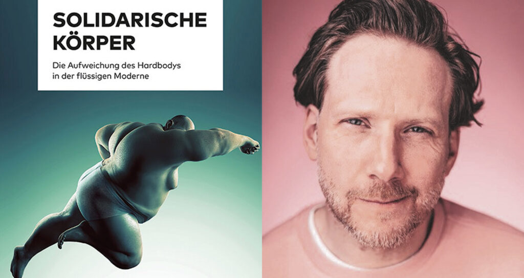 Zweiteiliges Bild: Links das Cover des Buches „Solidarische Körper“ mit einer futuristischen, rundlichen Figur in Bewegung; rechts ein Porträt des Autors Björn Vedder mit kurzem Haar und Bart vor rosafarbenem Hintergrund.